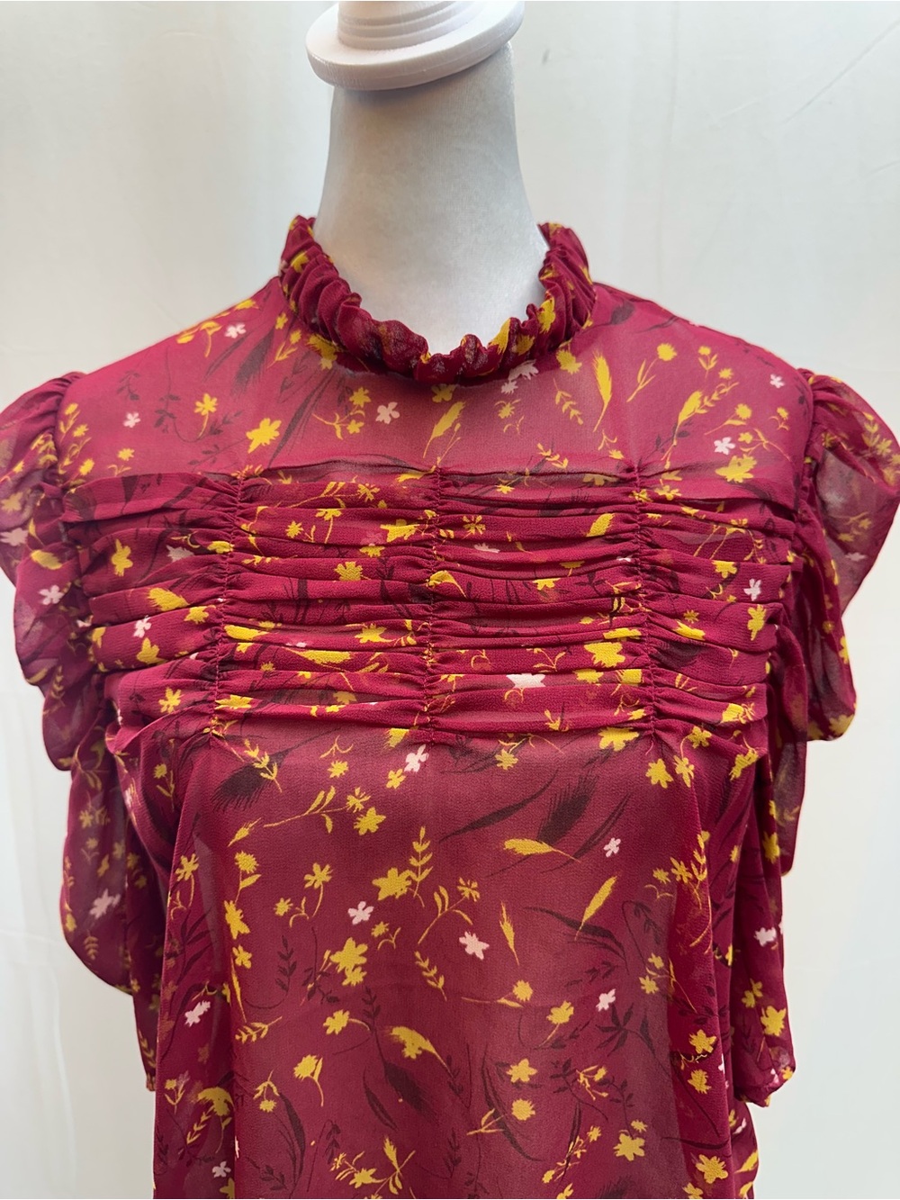 Chelsea28 Burgundy Floral Pintuck Ruffled Sheer Blouse S - Picture 2 of 4
